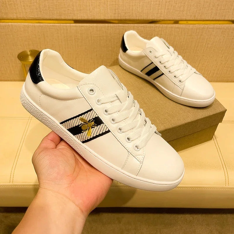 Brand Fashion Embroidered Bee Shoes Man Quality Genuine Leather Men's Skate Shoes Luxury Designer Sneakers zapatos de skateboard