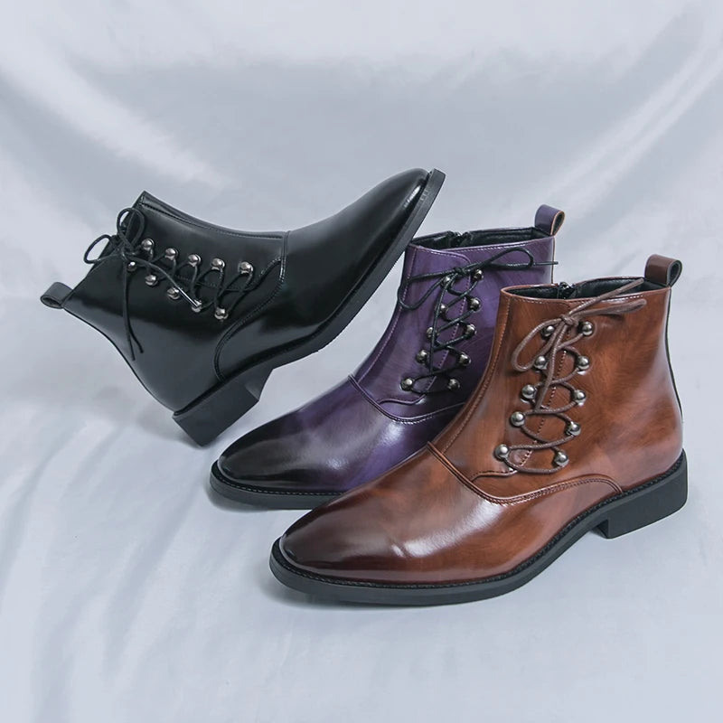 Autumn New Men's Pointed Side Zipper Comfortable High Top Boots Fashionable Brand Men Business Banquet Personalized Short Boots