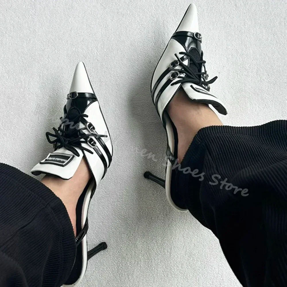 Mixed Color Pumps Lace-Up Pointed Toe Thin Heels Genuine Leather Slip-On Novelty Fashion Concise Sexy Party Women Shoes Newest