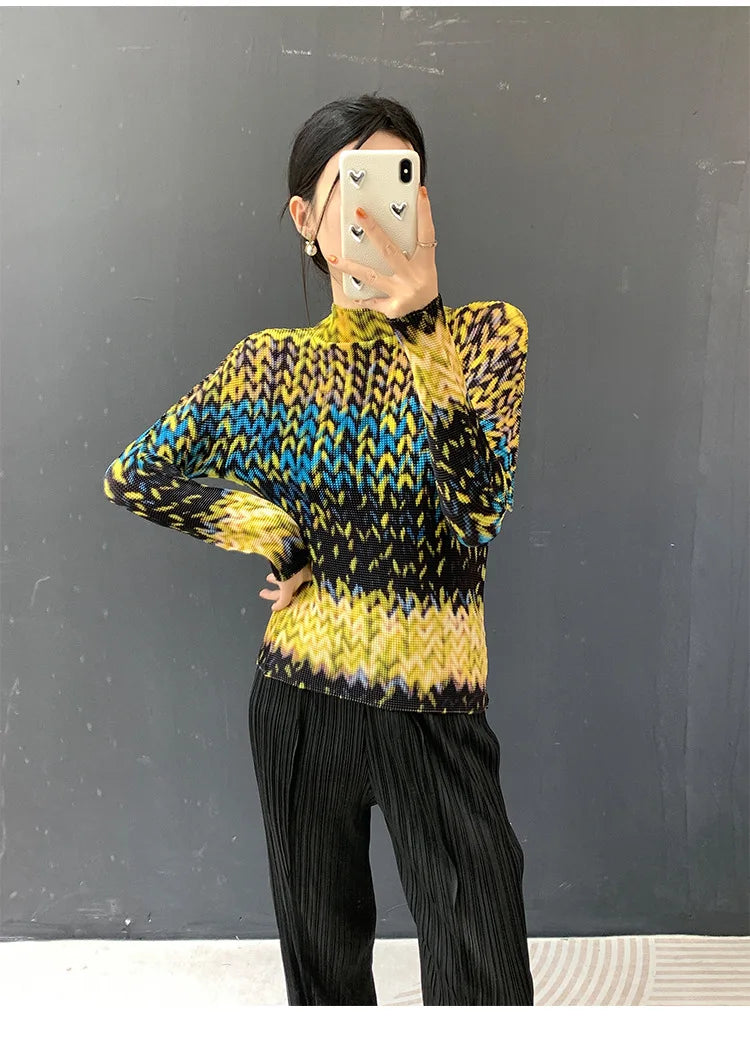 Miyake Pleated 2026 Spring and Summer New Fashion Tops Women's Long-sleeved Half-high Collar Printed T-shirt Bottoming Shirt