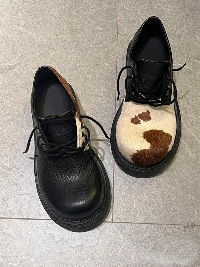 2025 Horsehair Debi  Same Men and Women Milk Mandarin Ducks Small Leather Lace-up Thick Heel Platform Soft Single Casual Shoes