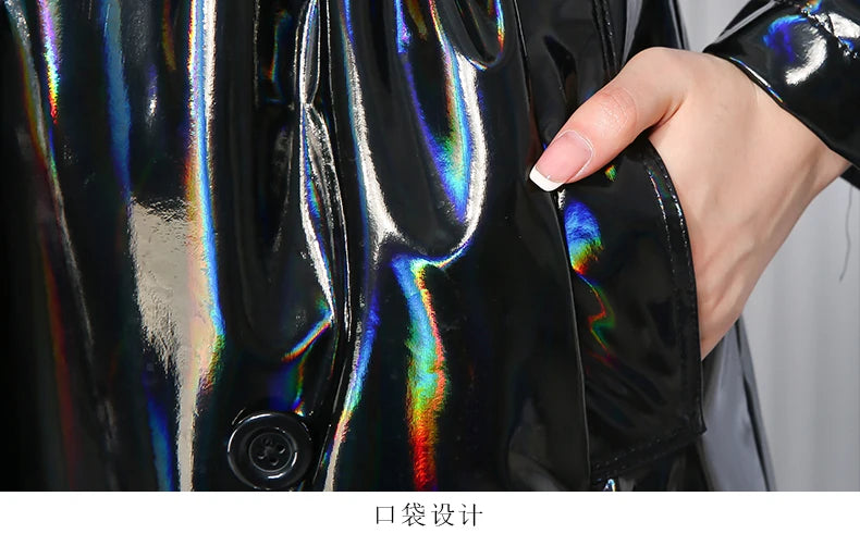 Nerazzurri Autumn Extra Long Black Holographic Shiny Reflective Stretchy Soft PVC Leather Trench Coat for Women European Fashion