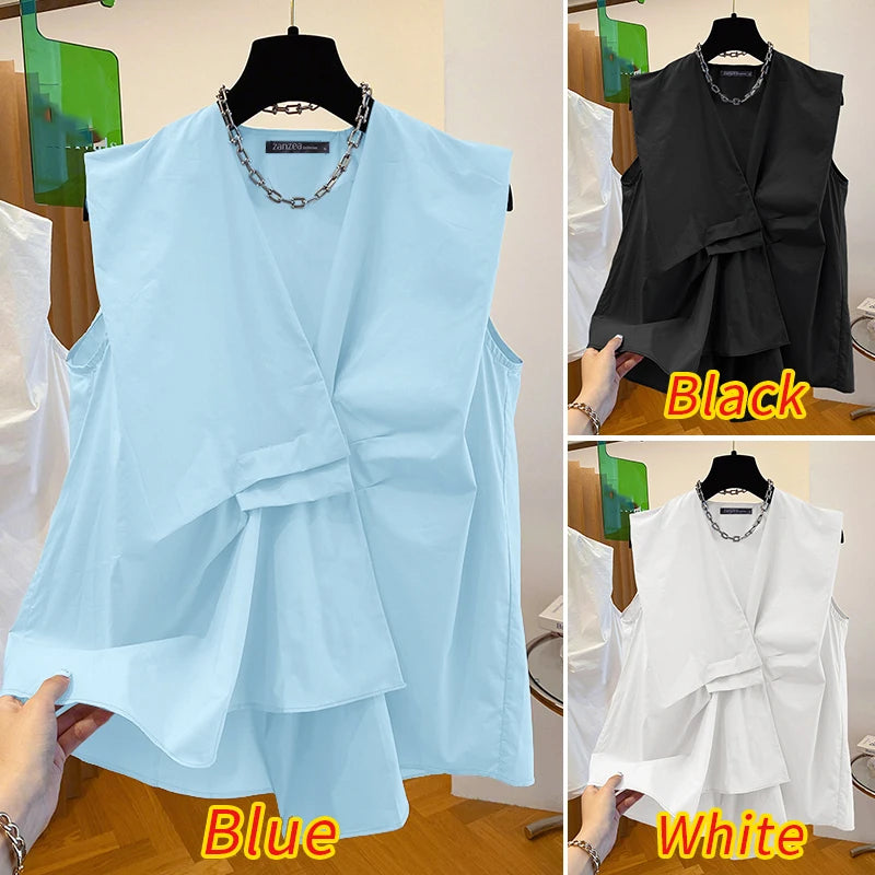 ZANZEA Trendy Pleated Design Women's Blue Tank Tops 2025 Summer Solid Color V-Neck Sleeveless Tops Streetwear 3 Colors S-3XL