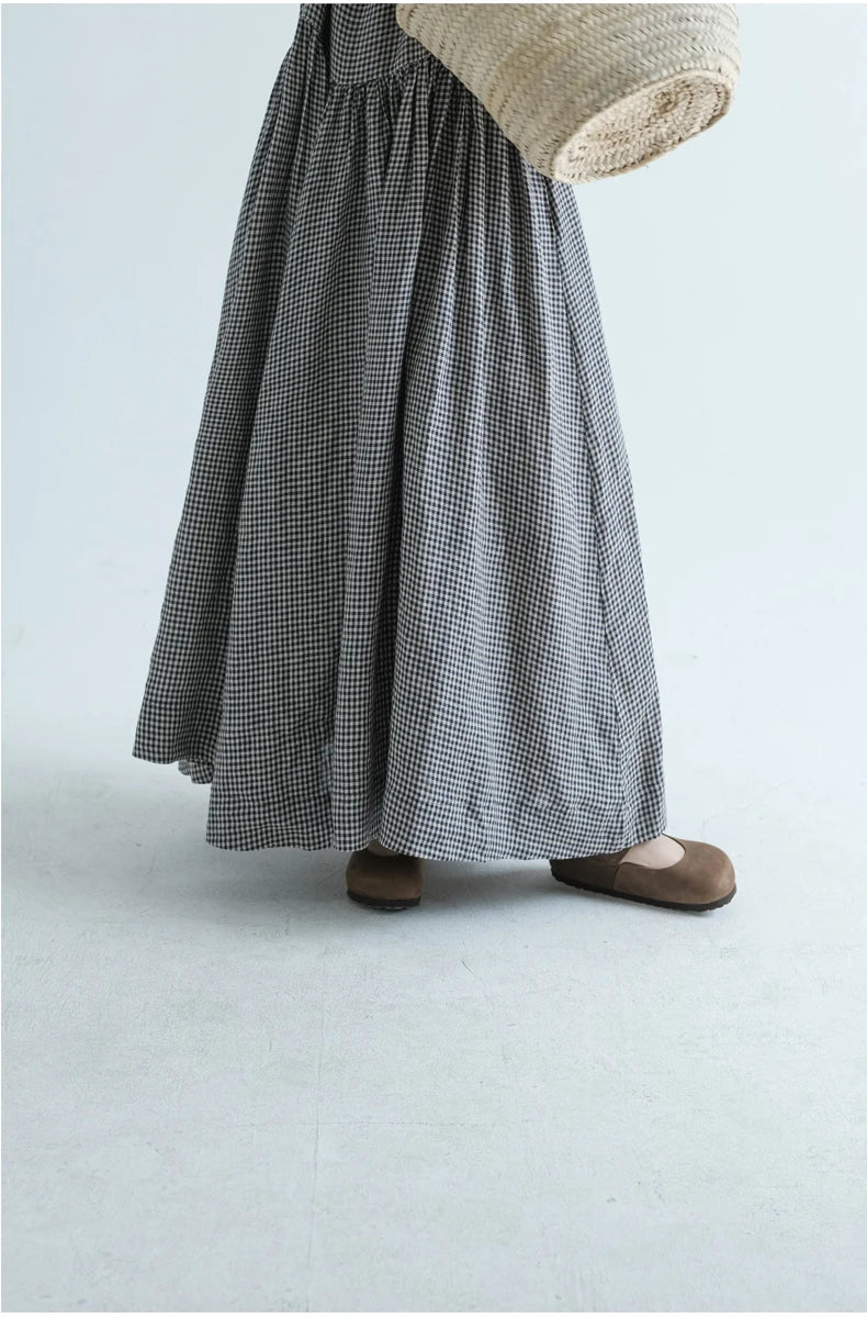 Summer New Women's Cotton Lin Loose Casual Dr High Waist A-Line Skirt Svel Vest Dr Cheered Pattern plus Size
