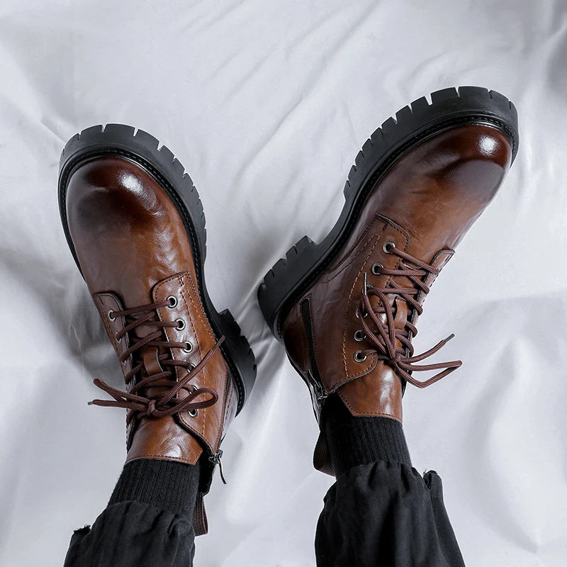 New Fashion Lace Up Casual Mens Boots Mens Thick Sole Ankle Boots Trendy Comfortable Mens Classic Black/Brown Motorcycle Boots