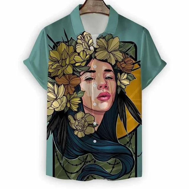2024 New Beach Modern Girls Print Men's Shirt Casual Fashion Shirt Button Lapel Streetwear Oversized Men's Short Sleeve Shirt