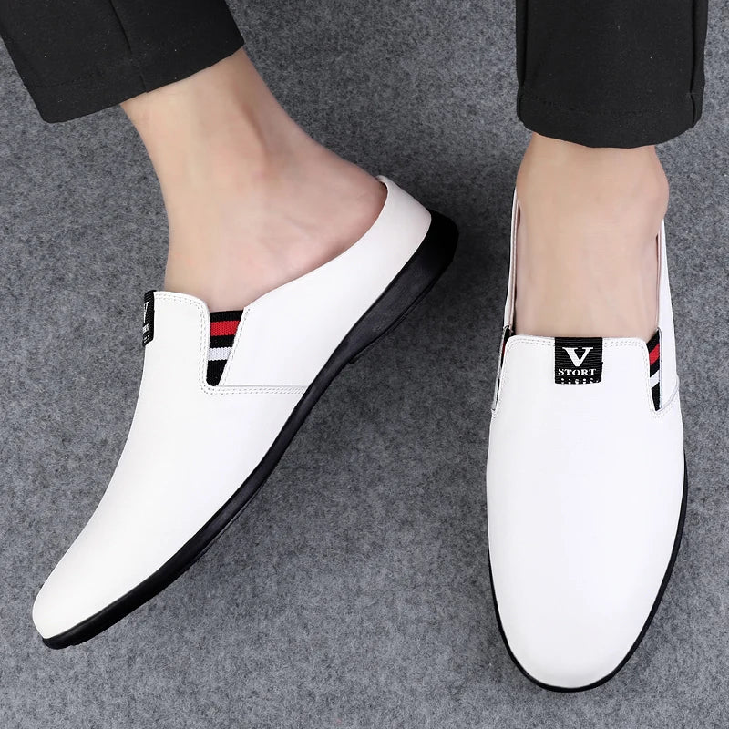 Men's Leather Black Half Leather Shoes Fashion Non-slip Half Trailer Men Sandals Moccasin Breathable Soft Flats Men Driving Shoe