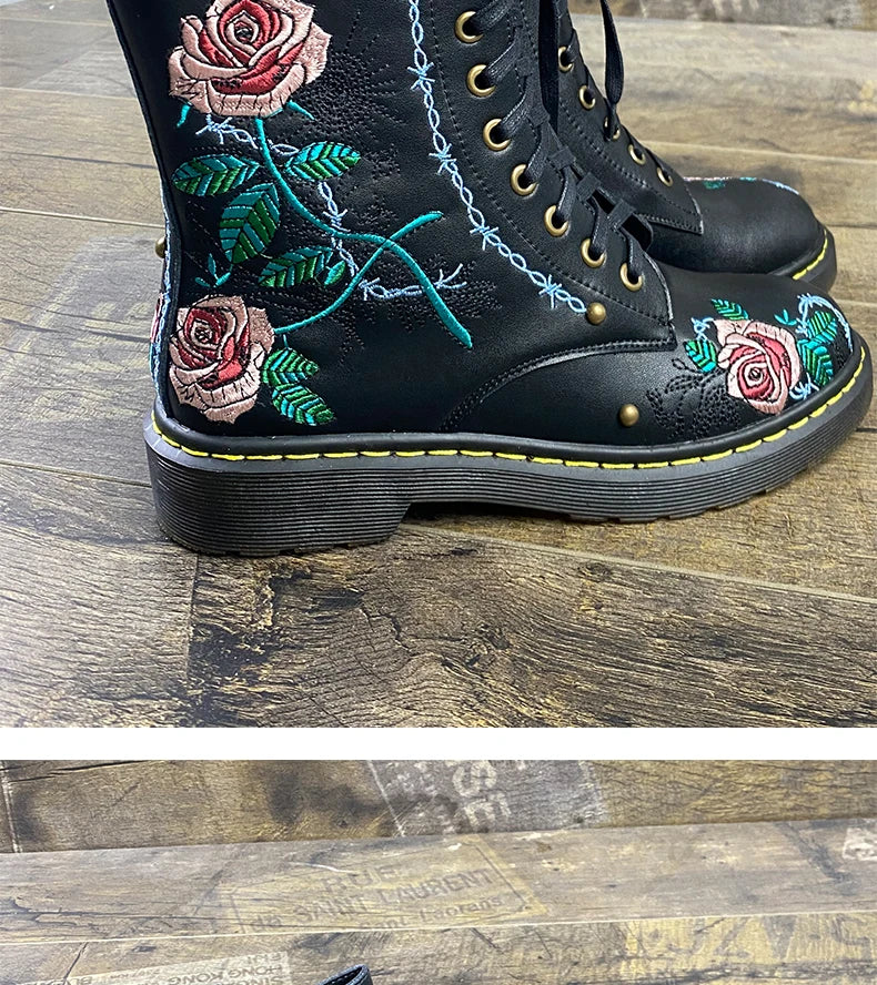 Ods Handmade Embroidery Rose Flower Retro Lace-up Mt Woman Genuine Leather Round Toe British Style Ankle Boots Big Size 40414243