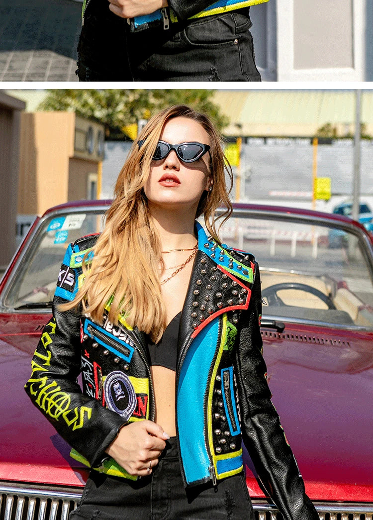 Candy Punk Streetwear Motorcycle Leather Jackets Women 2025 Trend Contrast Color Print Short Punk Studded Faux Leather Biker Jacket