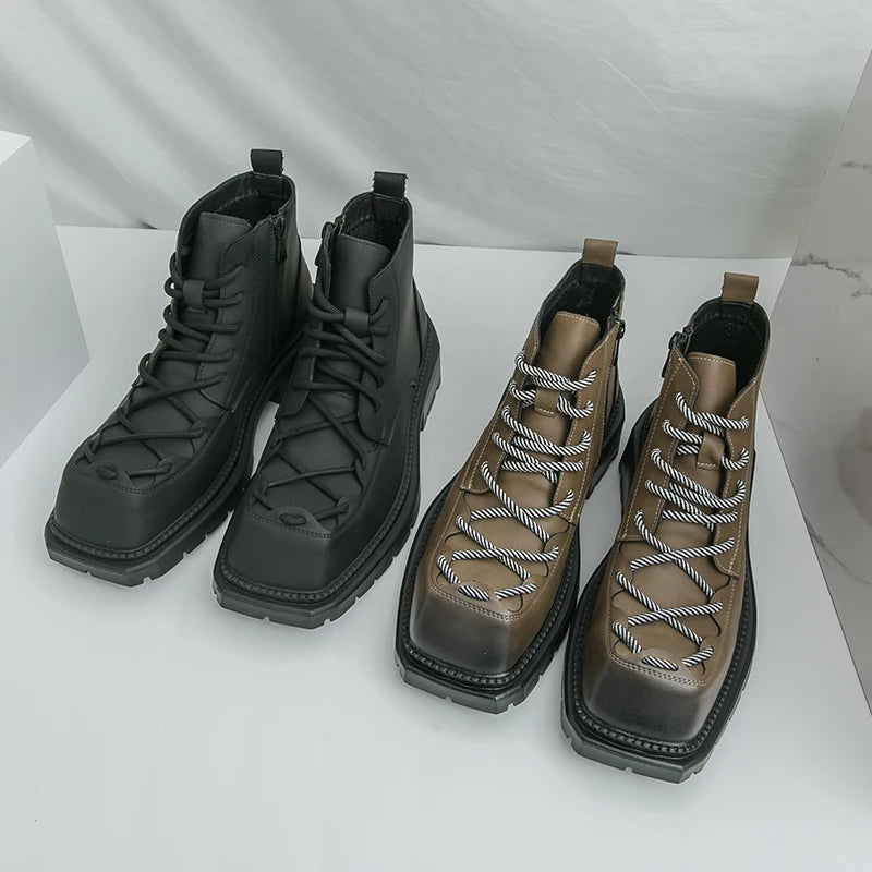 Autumn New Men Comfortable Lace Up Side Zipper High Top Leather Shoes Fashion Brand Round Toe Thick Soled Non Slip Outdoor Boots