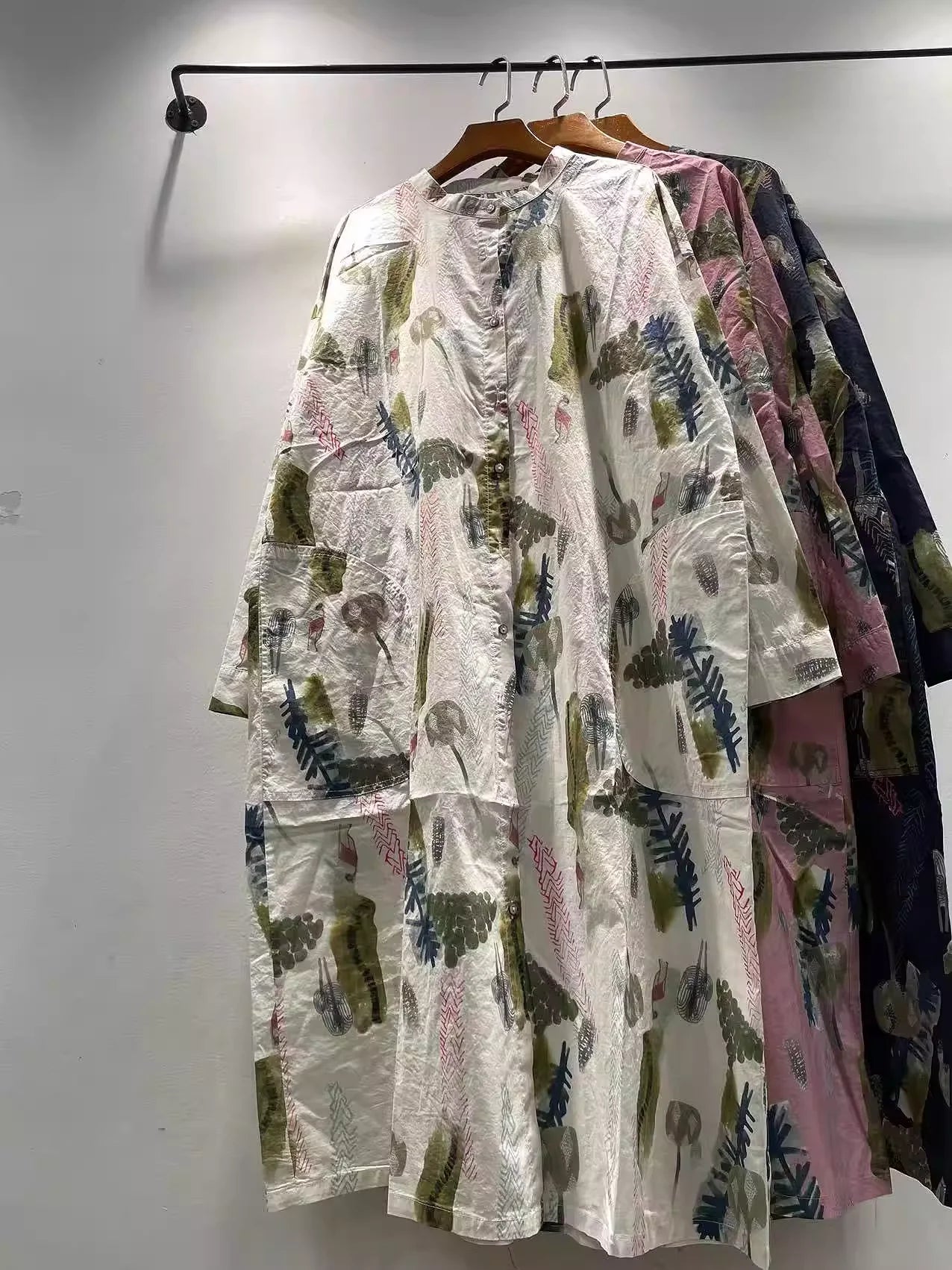 2026 Vintage long shirt dress for women spring harajuku fashion pink blue print shirt dress 100% cotton single-breasted dress