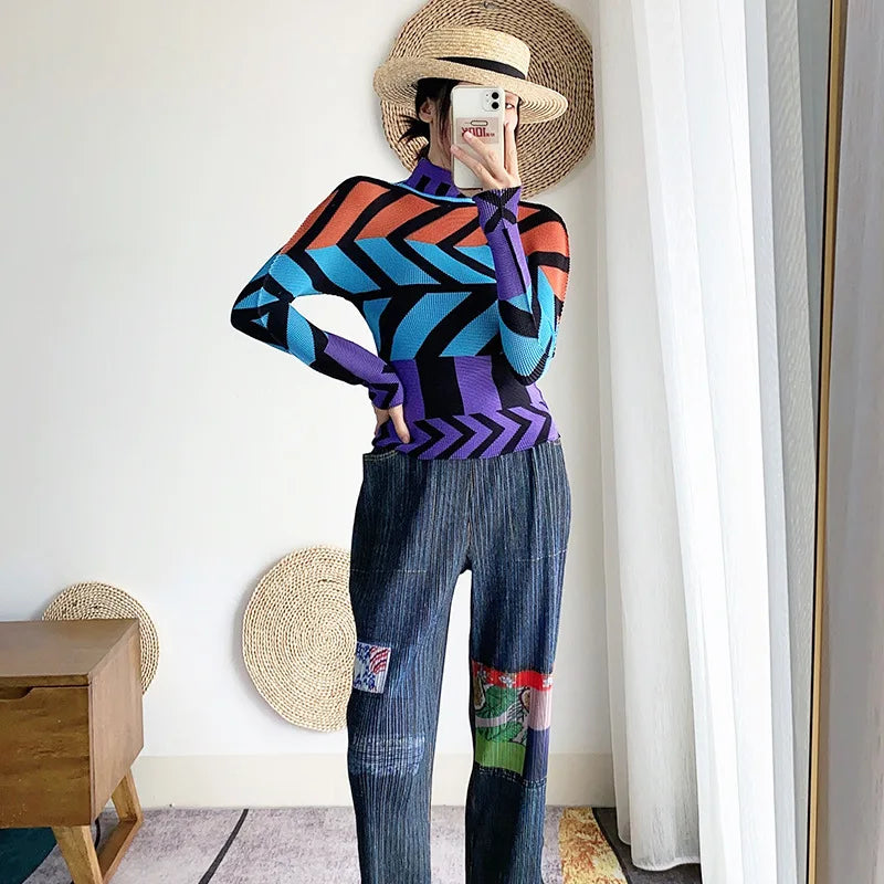 Miyake Pleated Contrasting Colors T-shirt Women Half Turtleneck Skinny Pullover 2025 Summer Fashion Female Clothing