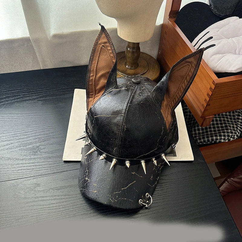 New Niche Punk Leather Rivet Dog Ears Baseball Caps Spring Autumn Men Women Personality Adjustable Trendy Sunshade Hip Hop Hats