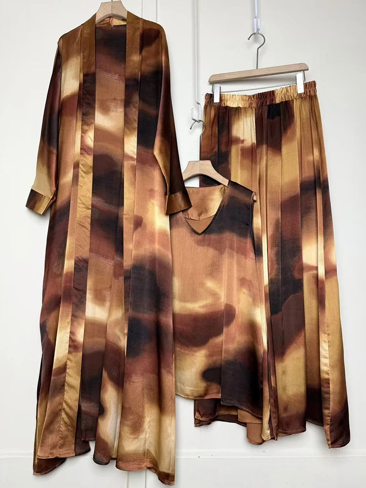 Retro positioning printed long cardigan+vest three piece set 2026 spring women's clothing+loose pants skirt fashion set