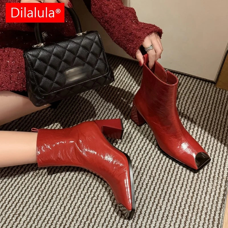 Fashion Genuine Leather women's Ankle Boots Square Metal Toe High Thick Heels Lady Party Dating Boots Women Autumn