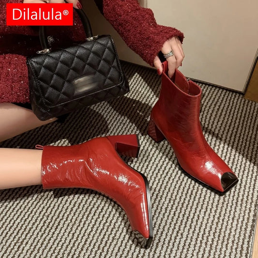 Fashion Genuine Leather women's Ankle Boots Square Metal Toe High Thick Heels Lady Party Dating Boots Women Autumn