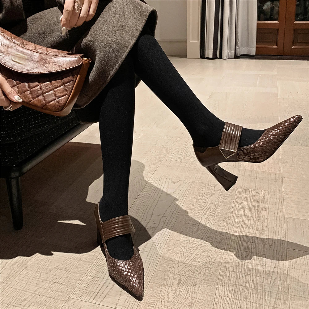 Aucegi Classic Chunky Hight Heels Woman Genuine Leather Woven Cow Suede Pumps Pointed Toe Elegant  Magic Paste Party Shoes