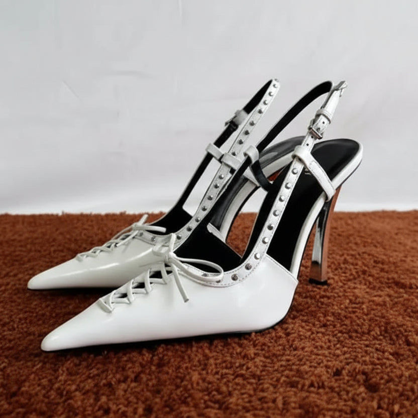 Patent Leather Rivet Women Pumps Elegant Pointed toe Lace-up Office Lady Slingbacks High heels Party Shoes 2026 Summer Fashion