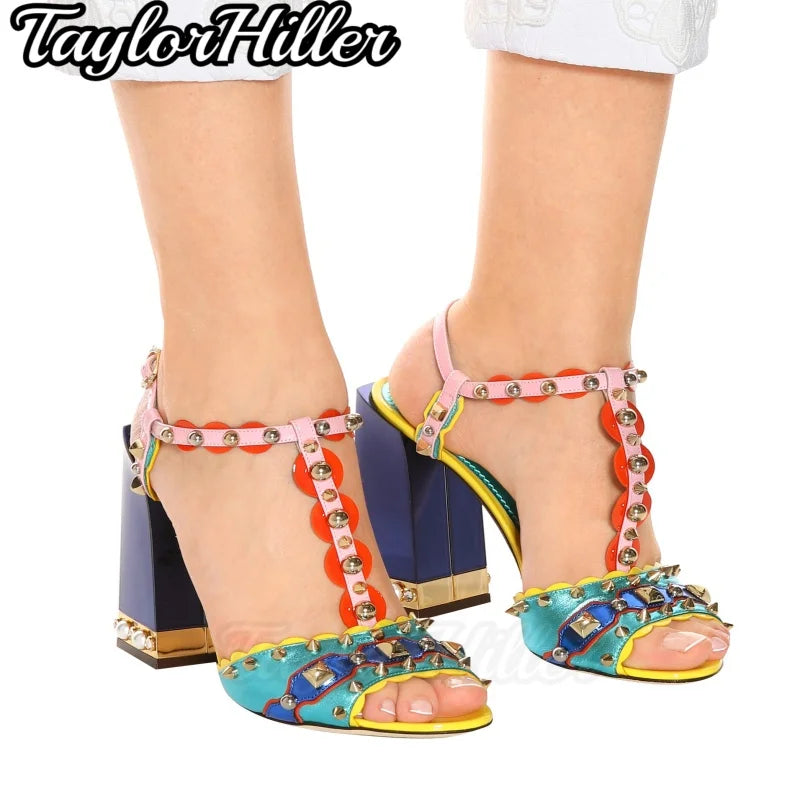 Colorful Gemstone T-strap Heeled Sandals Shallow Buckle Strap Square Heel Gladiator Heels Summer Vacation Bohemian Style Shoes