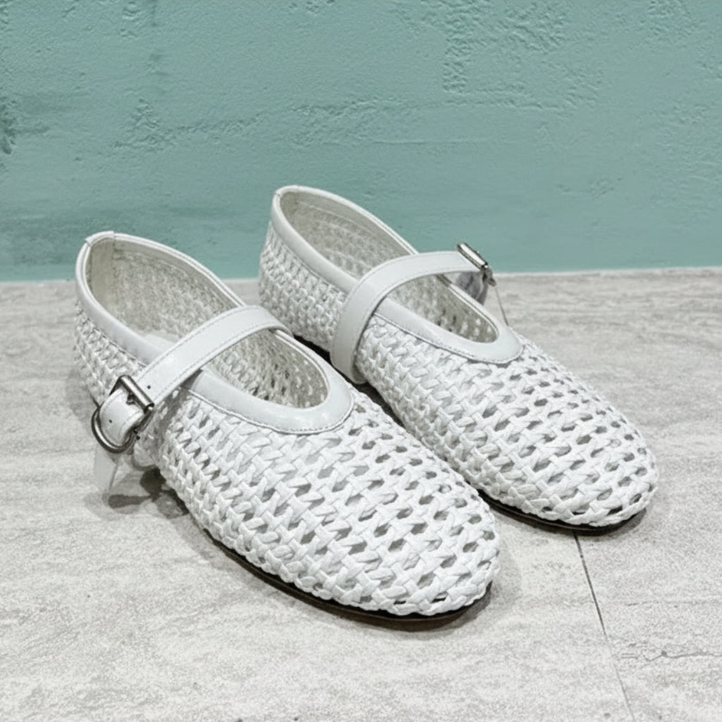 In style Fashion Summer Woven Women Ballet Flats Breathable Hollow out Mary Janes Leather Lazy Walking Loafers Girls Shoes