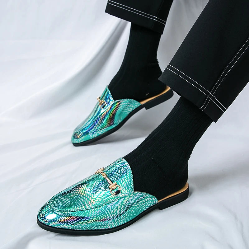 Fashion Brand Men's Cool Snake Skin Pattern Comfortable Half Back Leather Shoe Summer Men Breathable Bottom Casual Leather Shoes