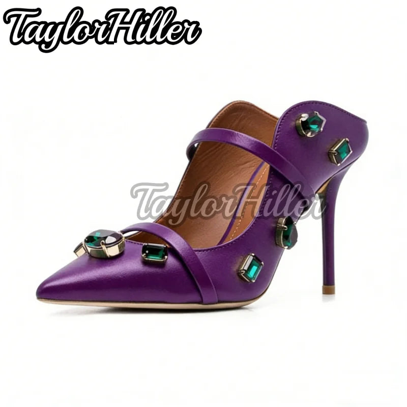 New Double Strappy Mule Sandals Gemstone Stiletto Pointy Toe High Heels Women Pull On Slip On Shoes Spring Summer Outer Slippers