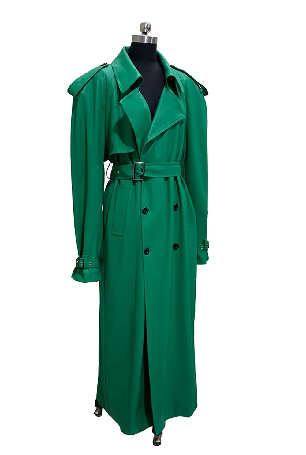 Nerazzurri Autumn Extra Long Soft Green Oversized Pu Leather Trench Coat for Women Shoulder Pads Belt Double Breasted Overcoat
