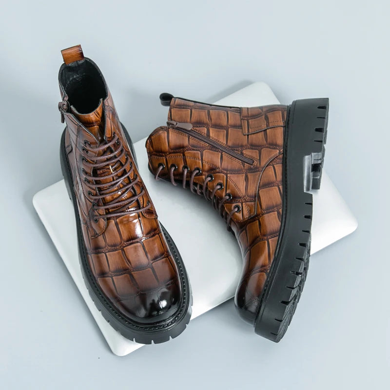 Luxury Brand Men's Autumn and Winter Crocodile Leather Side Zipper High Top Boots Fashionable New Men's Comfortable Short Boots
