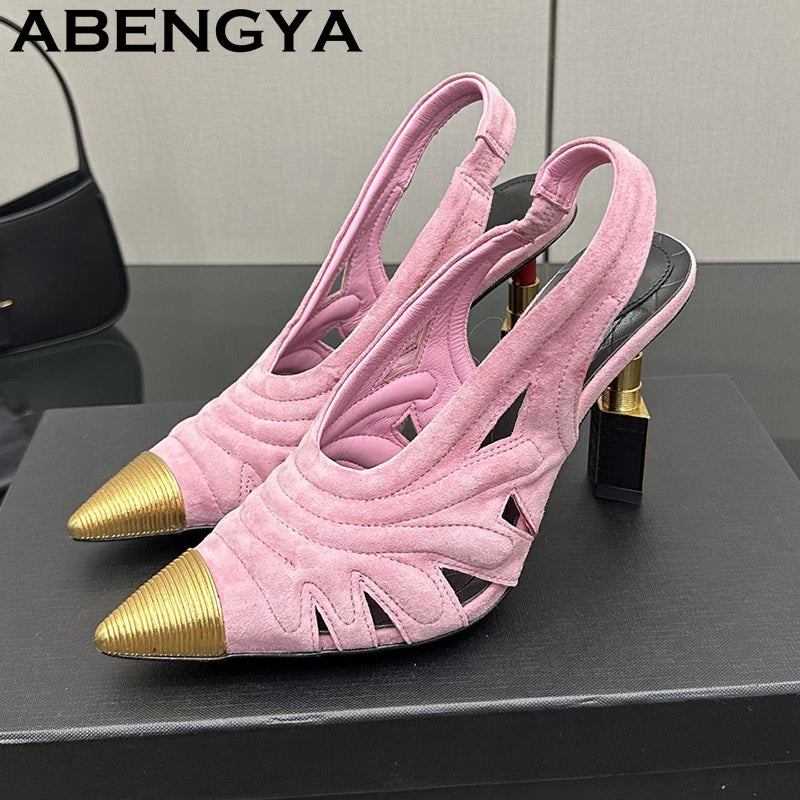 Fashion Strange High Heels Sandals Women Metal Pointy Toe Suede Slingbacks Pumps Summer Sexy Party Wedding Brides Shoes Female