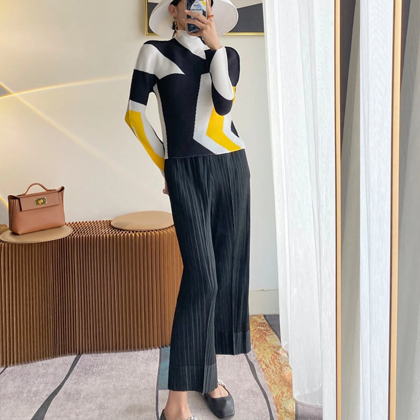 Miyake Pleated Contrasting Colors T-shirt Women Half Turtleneck Skinny Pullover 2025 Summer Fashion Female Clothing