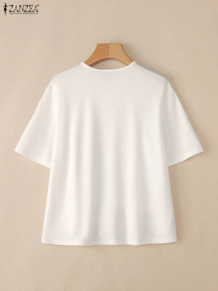 2025 ZANZEA Stylish Summer Blouse Women O Neck Short Sleeve Tops Elegant Solid OL Work Shirt Female Irregular Hem Blusas Mujer