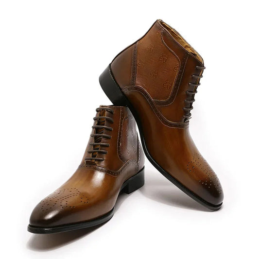 Luxury men's genuine leather ankle boots stylish lace-up pointed toe formal shoes for wedding office basic men's shoes