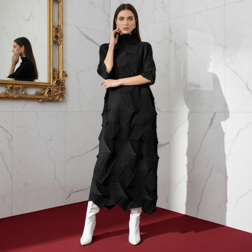 LANMREM Pleated Long Dress For Women Elastic Loose Irregular Pleated Stand Collar Pullover Female Clothing Half Sleeve 2DB4256