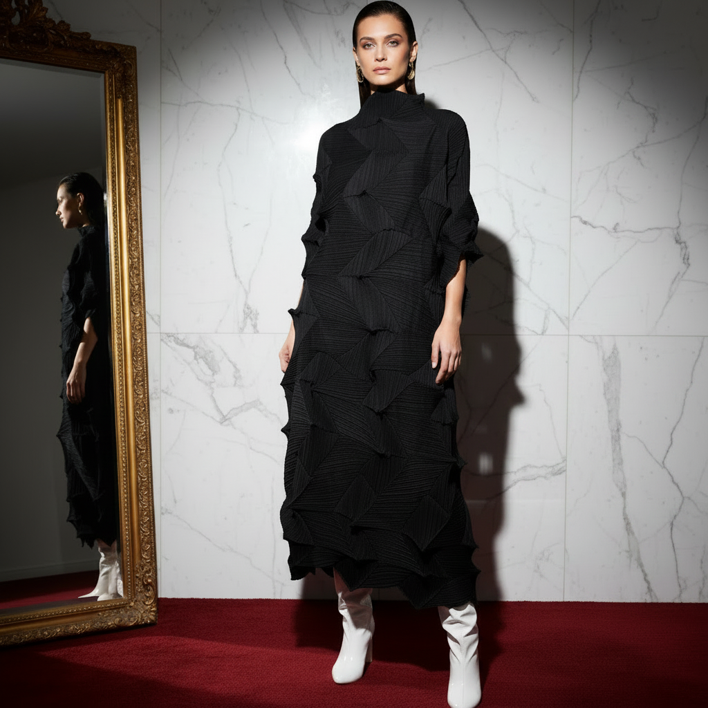 LANMREM Pleated Long Dress For Women Elastic Loose Irregular Pleated Stand Collar Pullover Female Clothing Half Sleeve 2DB4256