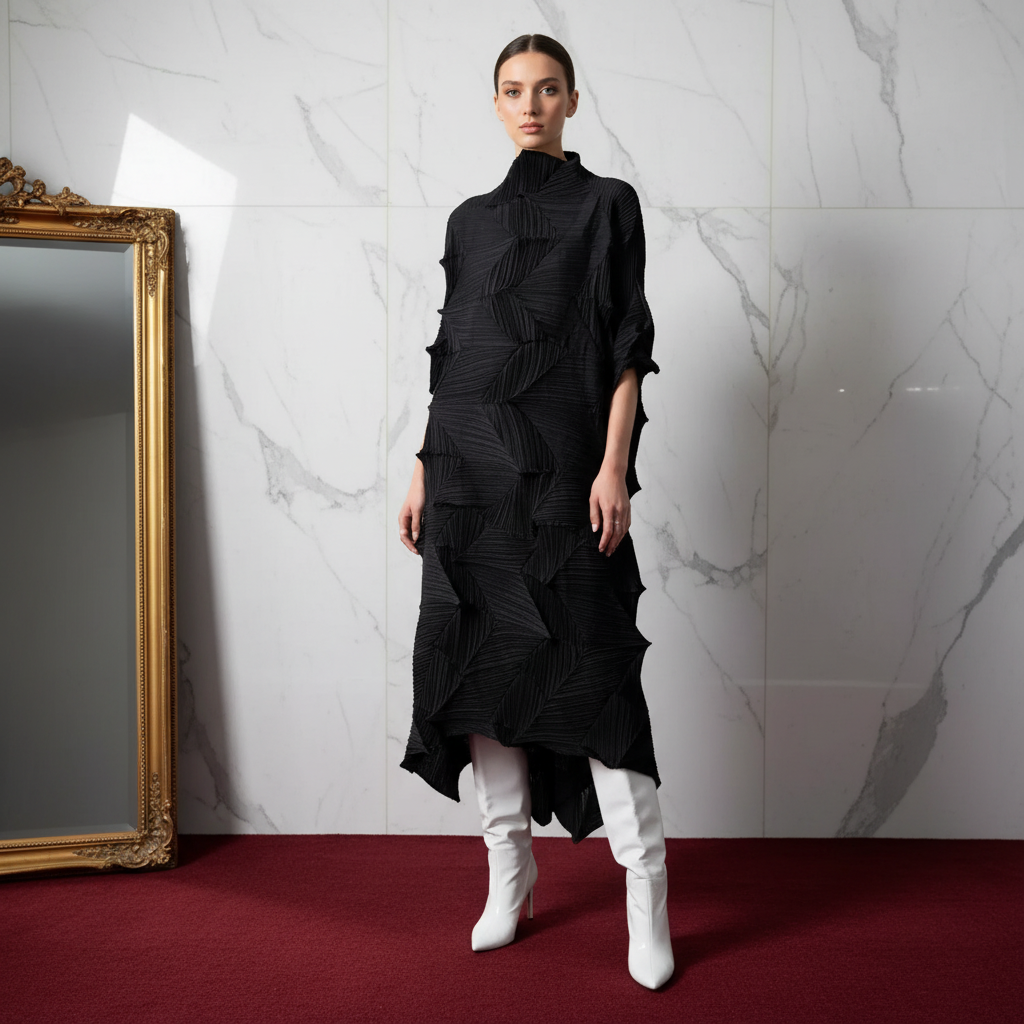 LANMREM Pleated Long Dress For Women Elastic Loose Irregular Pleated Stand Collar Pullover Female Clothing Half Sleeve 2DB4256