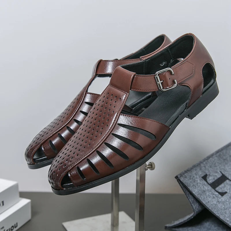 Brand's New Men's Summer Oversized Breathable Sandals Retro Pointed Men's Fashion Trend Hollowed Out Comfortable Leather Shoes