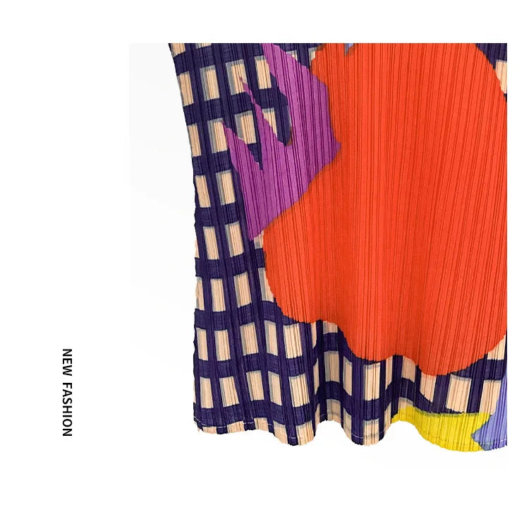 Miyake Pleated Sleeveless Vest Women's Spring and Summer New Contrast Color Geometric Print Loose Casual Fashion Round Neck Top