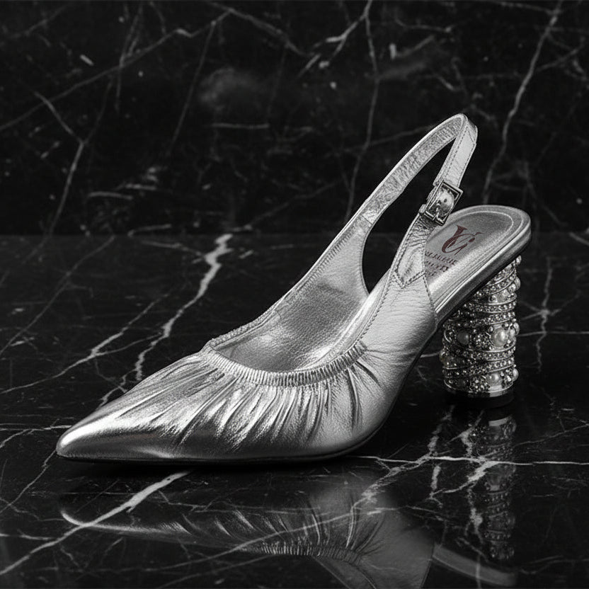 Genuine Leather Pleated Sandals Women Sexy Covered Toe Beads Decoration High Heels Ladies Party Dating Shoes