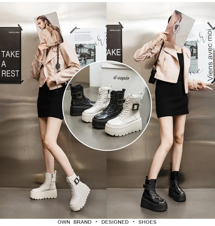 Fujin 8cm New Women Combat Boots Ankle Booties Platform Sneakers Spring Autumn Warm Fur Winter Genuine Leather Women Shoes Boot