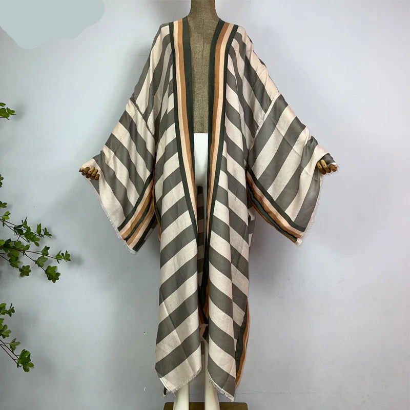 WINYI Kimono Africa Summer Boho Stripe Print Beach Swimwear Elegant Cardigan Sexy Holiday Maxi Beach Wear Swimsuit Evening Dress