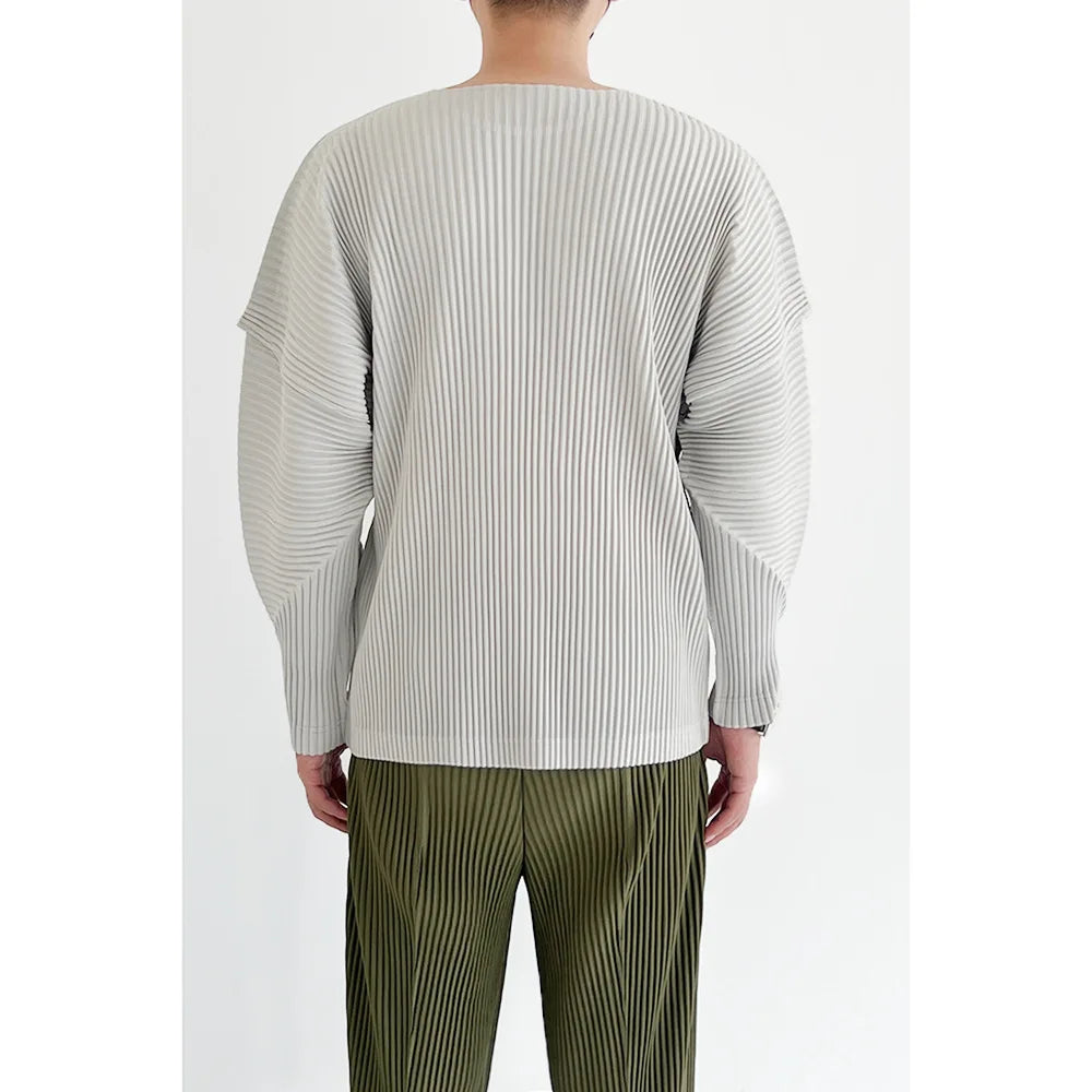Autumn Summer New Original Miyake Pleated Men's T-shirt Long Sleeves O-neck Solid Color Casual Loose Style Fashion Male Tops