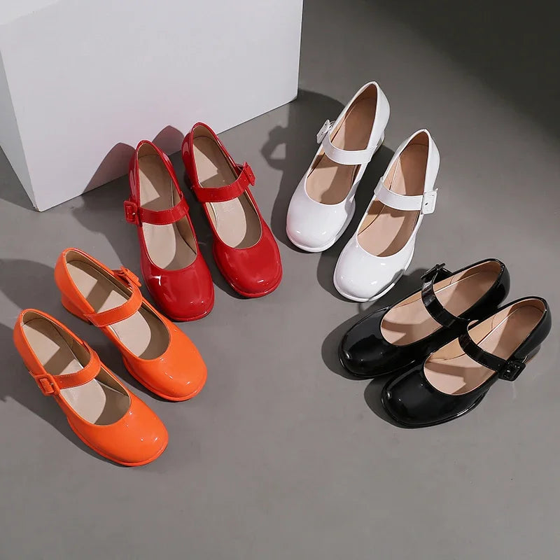 Spring Autumn Women Platform Mary Janes High Thick Heel Orange Red Patent Leather Dress Office Lady Round Toe Buckle Strap Pumps