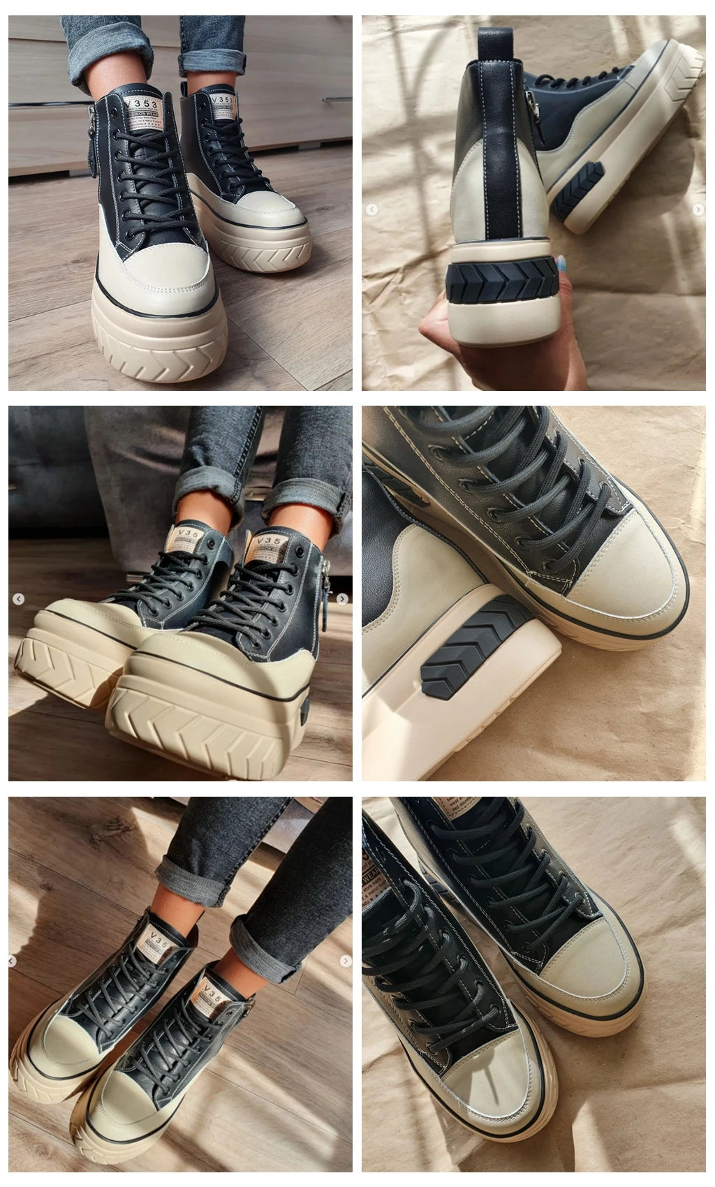 High Top Women Shoes Genuine Leather 8cm Platform Boots Ankle Wedge Hidden Heel Zip Autumn Warm Fur Winter Shoes Sneakers