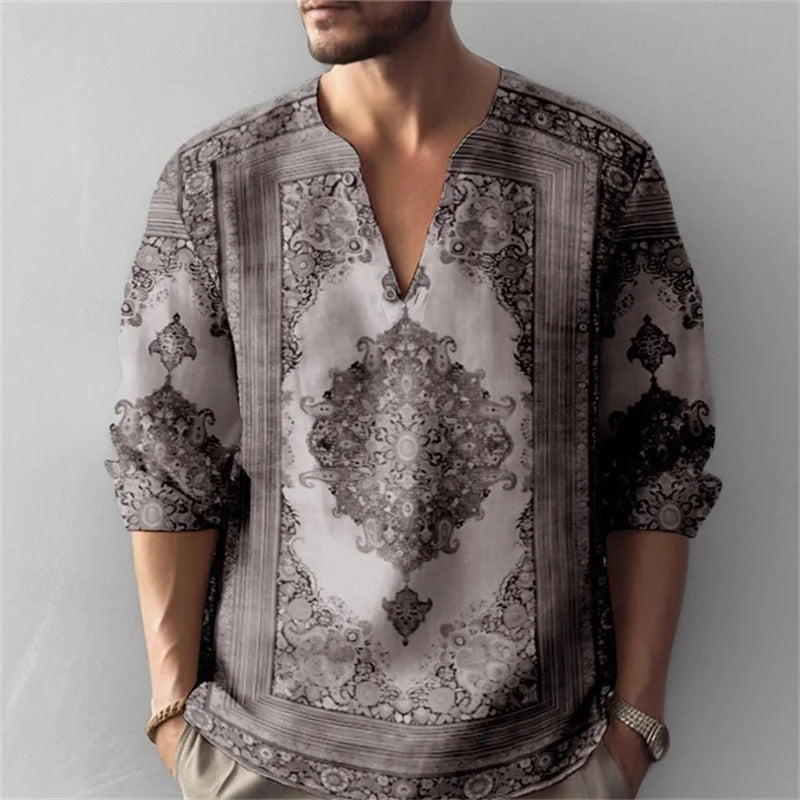 Men's Long-Sleeved Shirt with Retro Print, Stylish Design, Outdoor Casual Henley Collar, Loose Fit, Men's Vacation Top, XS-6XL.