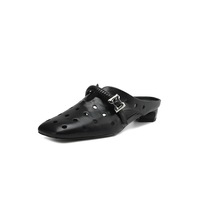 Genuine Leather Hollow Slippers Women Covered Toe Thick Heels Dating Buckle Mules Ladies Summer Leisure Slippers
