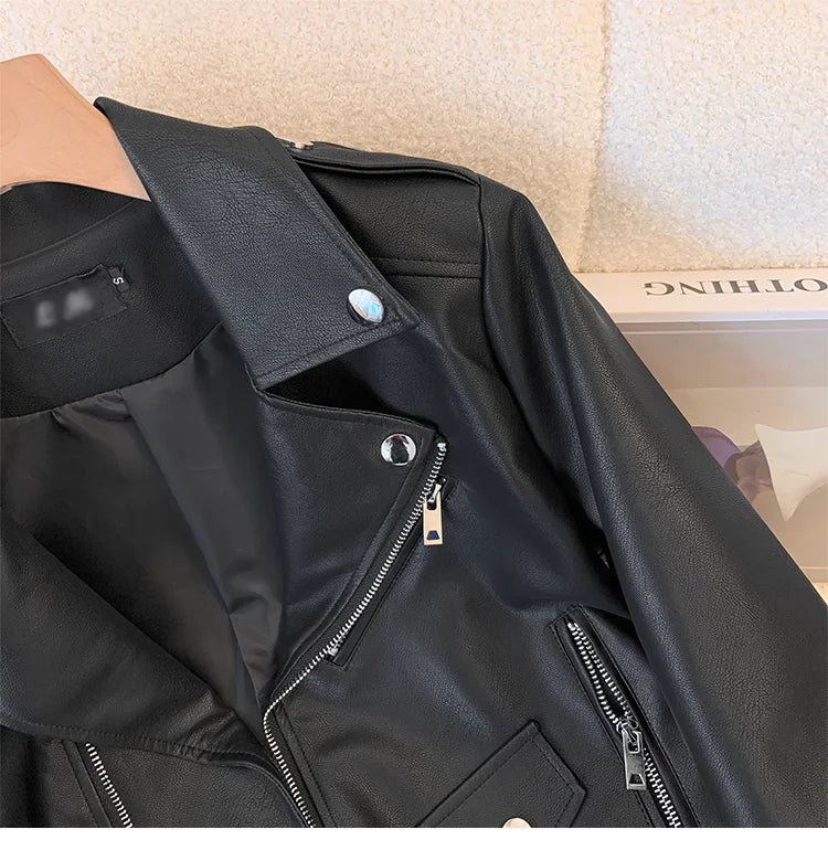 Blue PU leather jacket for women's spring autumn short Street style 2025 new retro motorcycle Leather Coat top