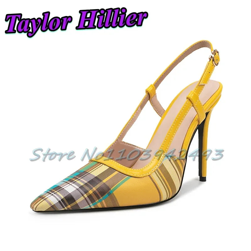Patchwork Gingham Blue Heels Shallow Heeled Sandals Women Luxury Designer Shoes Summer Yellow Red Purple Buckle Strap Yellow New