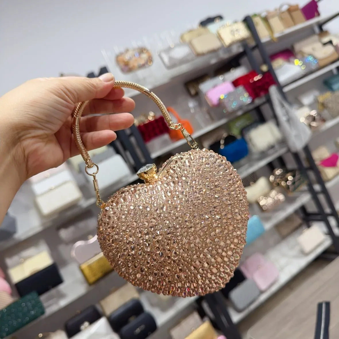 Luxury Diamond Inlay Heart Shape Crystal Clutch Purse Stones Evening Wedding Party Shoulder Bags Handle Rhinestone Mini Handbags