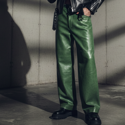 Spring Autumn Extra Long Baggy Light Green Faux Leather Wide Leg Pants for Men Loose Casual Streetwear Clothes 2026