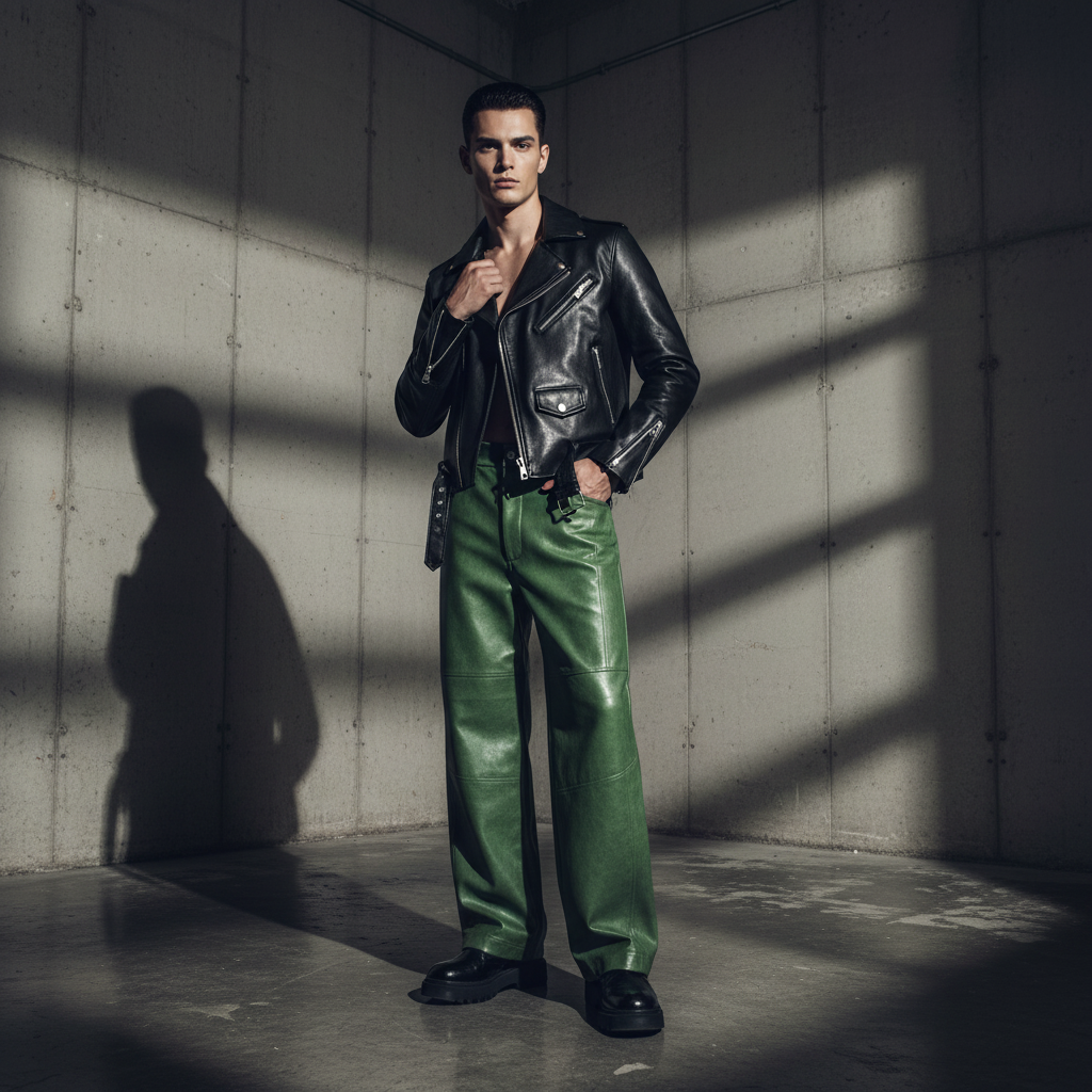 Spring Autumn Extra Long Baggy Light Green Faux Leather Wide Leg Pants for Men Loose Casual Streetwear Clothes 2026